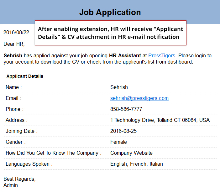 Email Template for HR. It also includes an attachment.