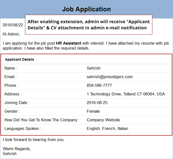 Email Template for Admin. It also includes an attachment.