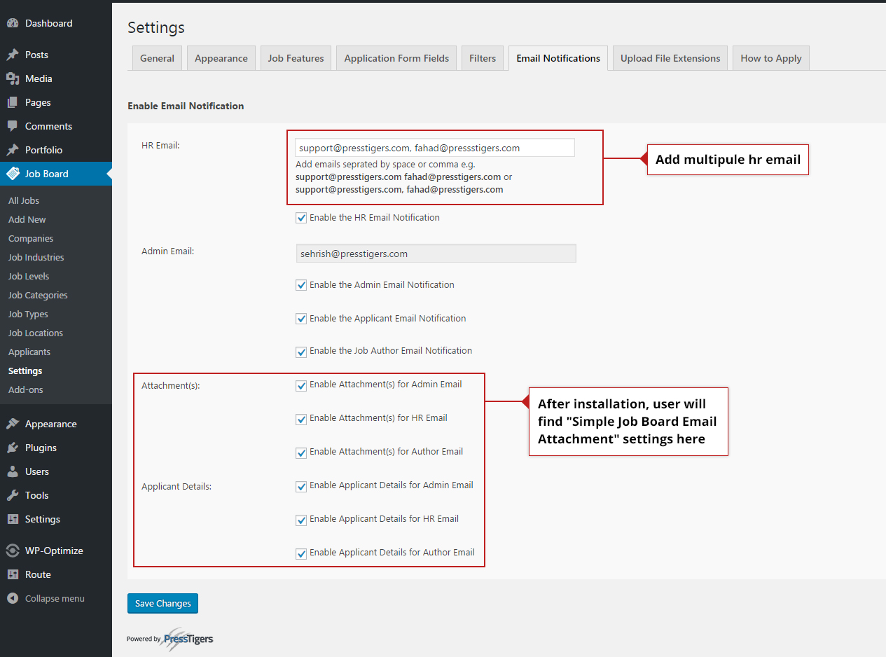 Email notification settings under Simple Job Board Settings