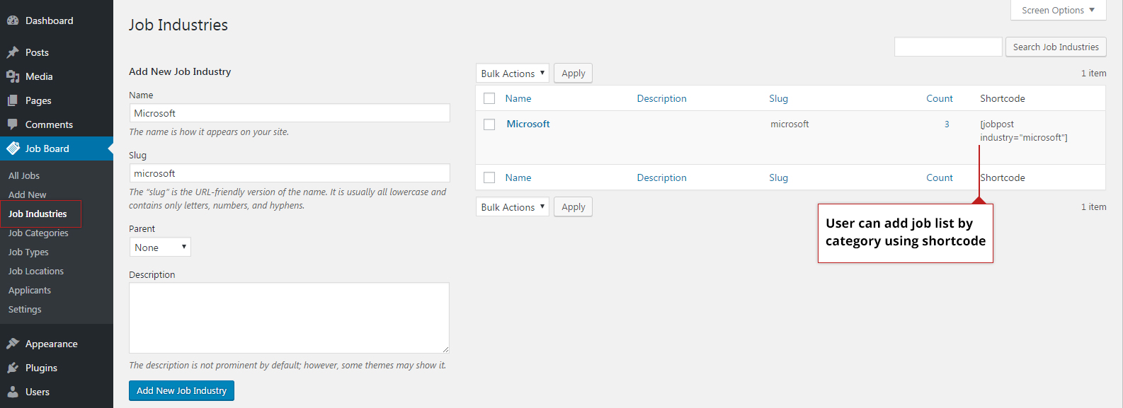 Job Industries data entry in admin panel