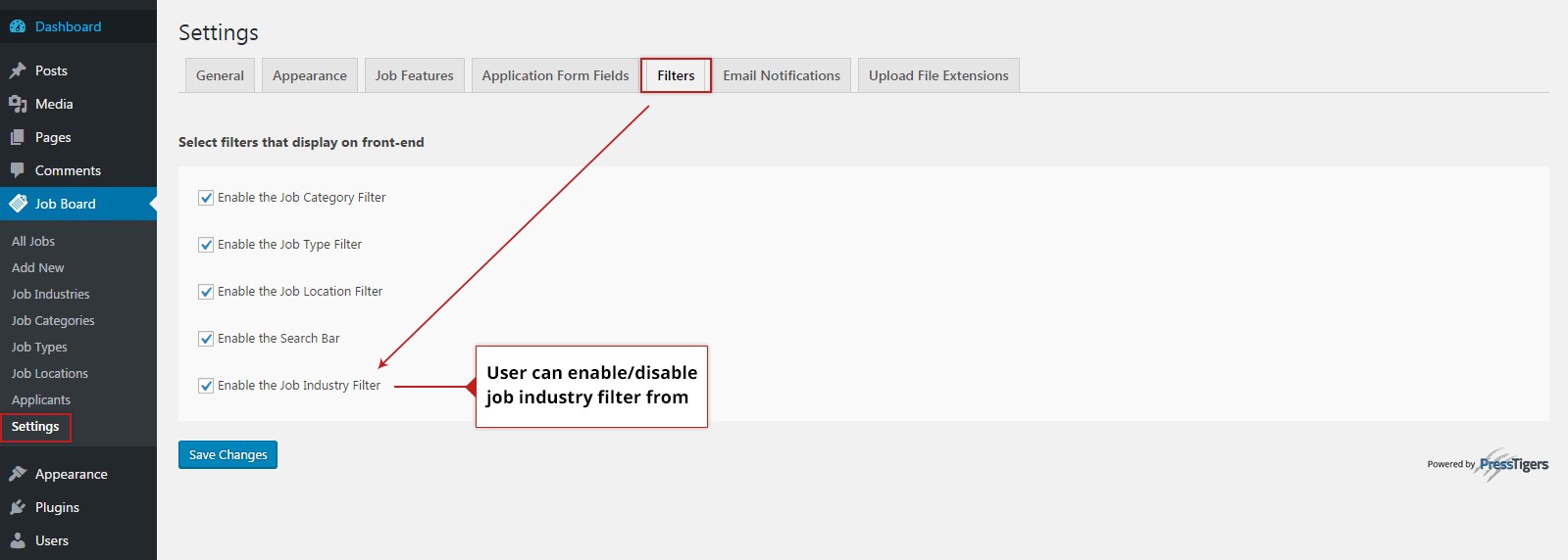 Job Industries Configurations from Simple Job Board Admin Panel