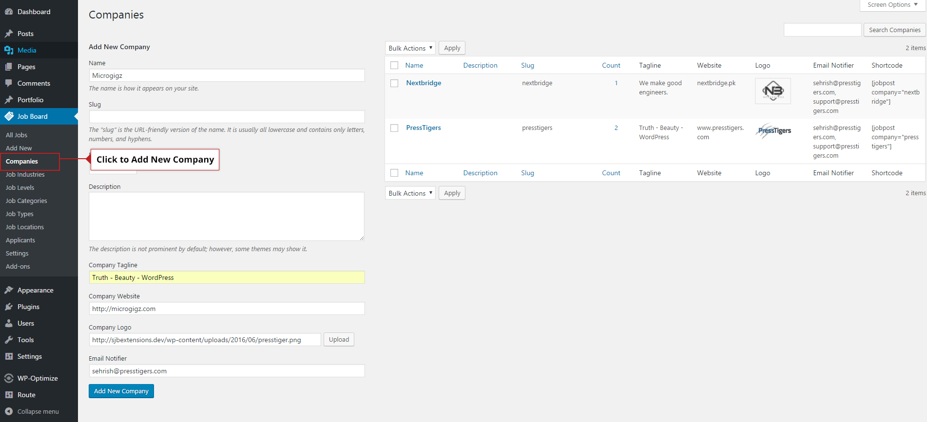 Data entry of Companies in Admin Panel
