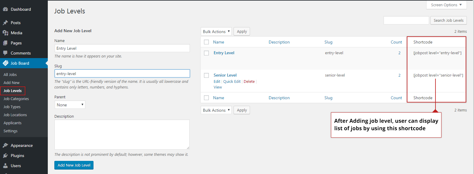 Job Levels Data Entry in Admin Panel