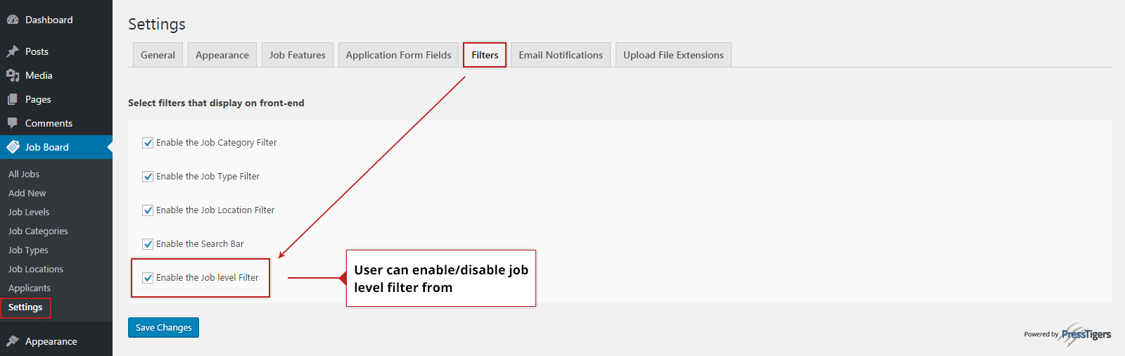 Job Level Filter on Simple Job Board Setting Tab
