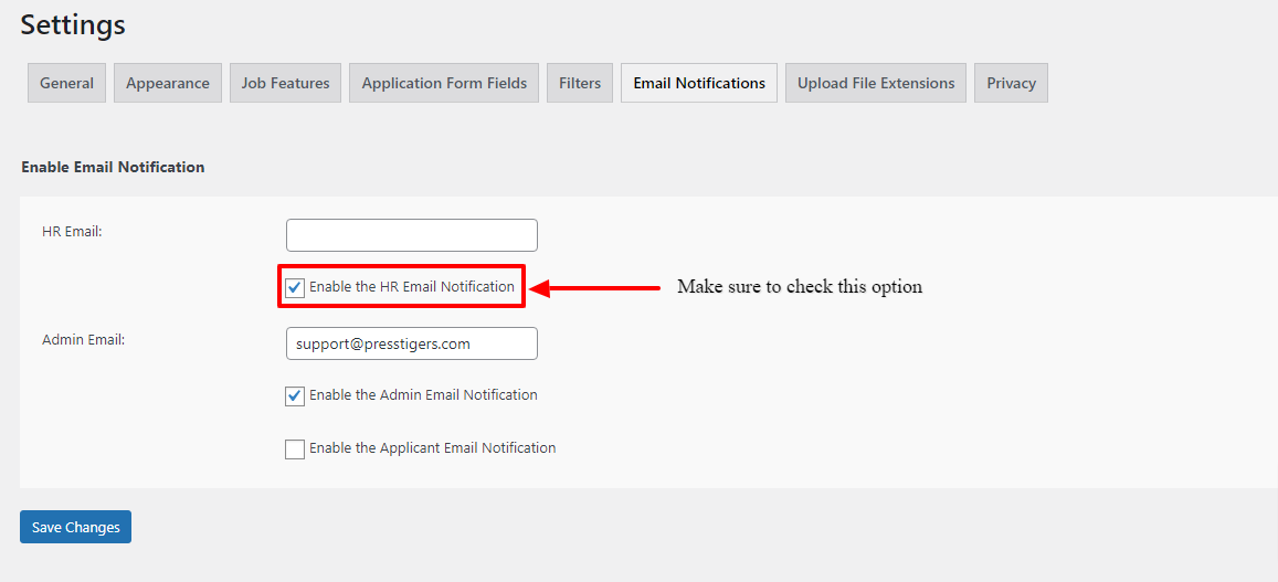 Category Base Hiring Email Settings
