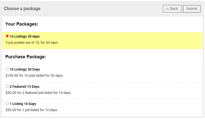 Job Packages for Paid Listings