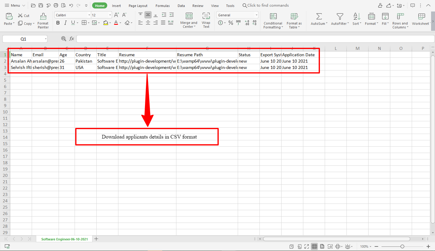 Export Applicant Details in Column Format
