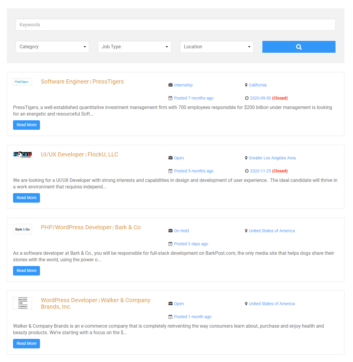 Listing page with job closing date/status for list view.