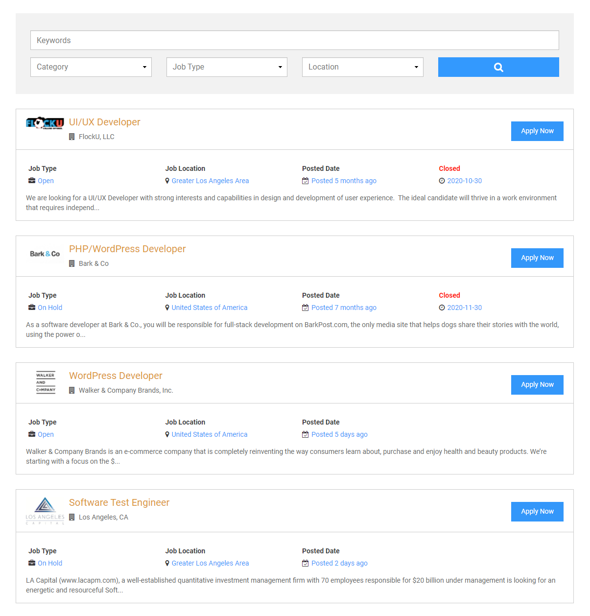 Job detail page view for closed jobs with instructions.