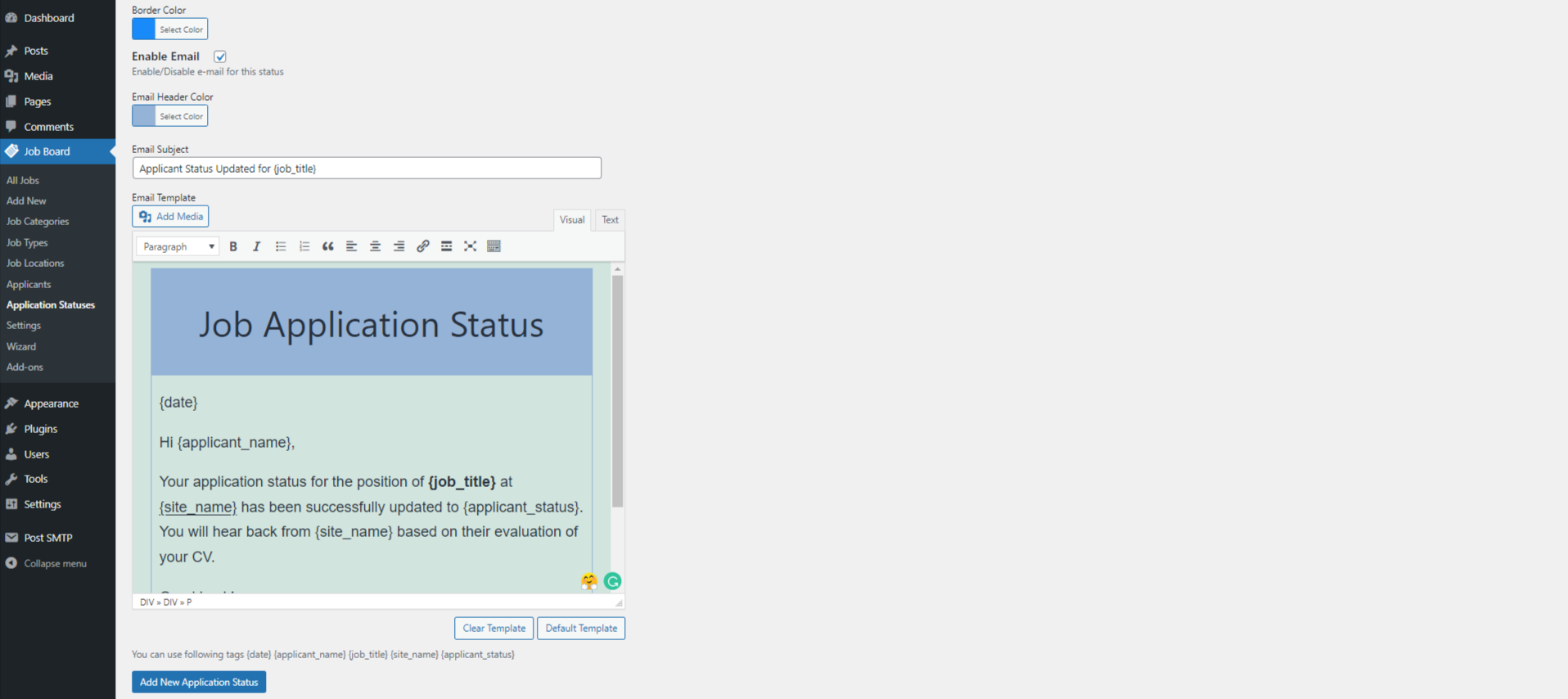 Add Custom Application Status Email Template