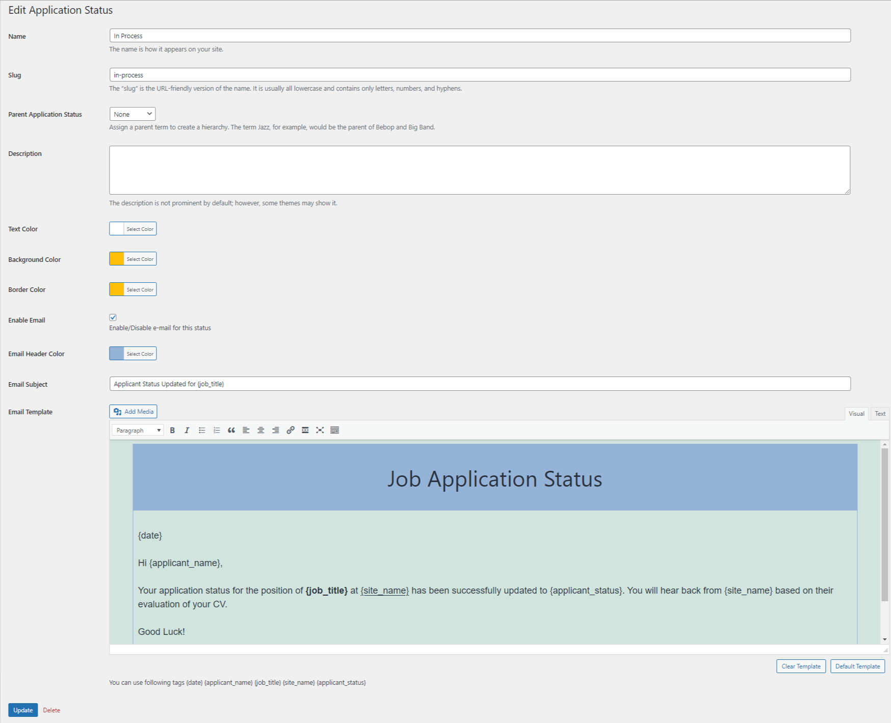Edit job application status