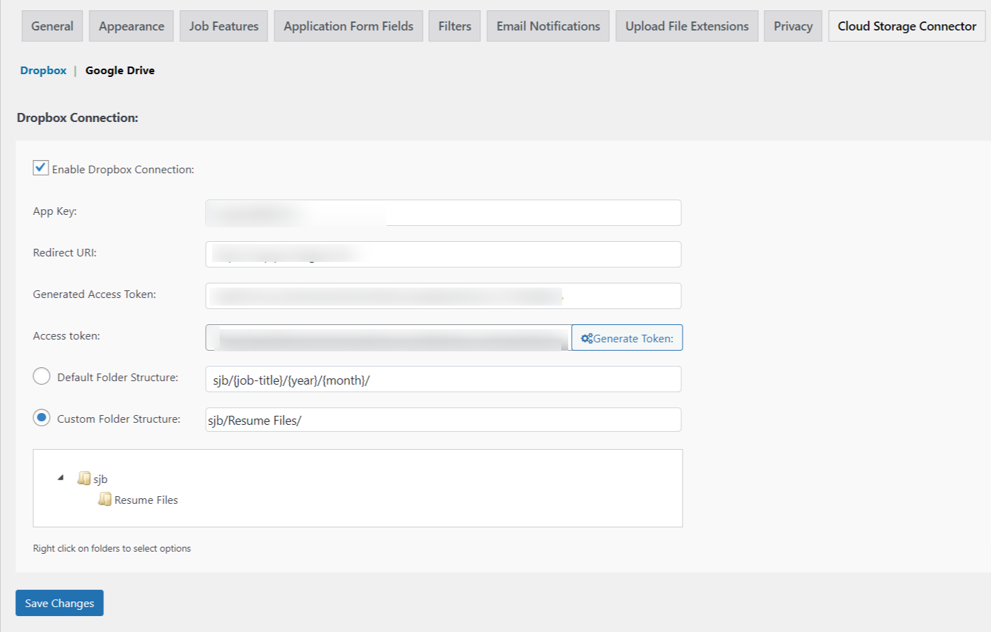 Dropbox Configuration Settings