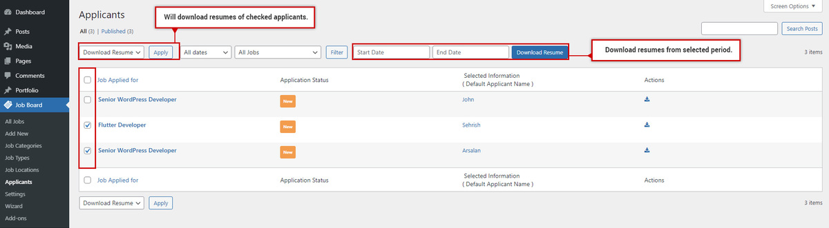 Application Area to Download Resume in Bulk