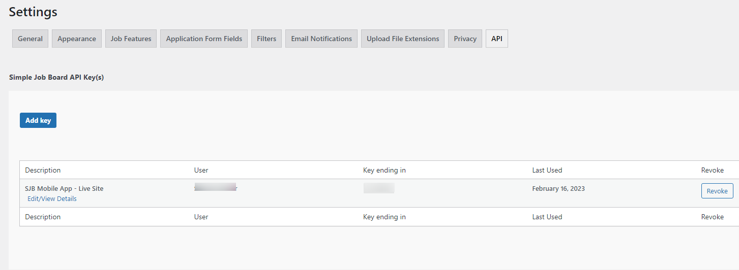 Settings for API Key Listing