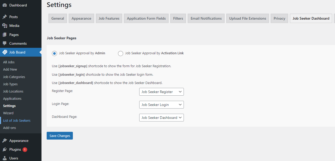 Job Seeker Settings Tab
