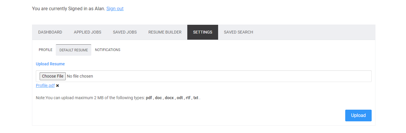 Default Resume Upload Settings